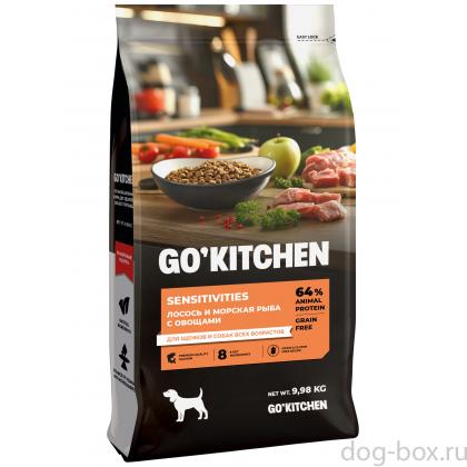 GO! KITCHEN  Полнорационный беззерновой сухой корм для щенков и собак всех возрастов с лососем и морской рыбой для чувствительного пищеварения, 9.98кг-0