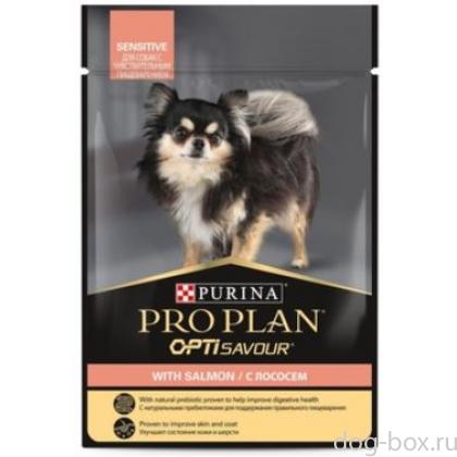 Паучи кусочки в соусе для взрослых собак с лососем, чувствительное пищеварение-0