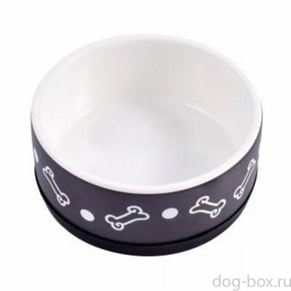 Миска керамическая нескользящая для собак, черная с косточками, 400мл-0
