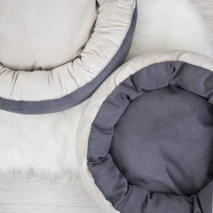 Лежак круглый пухлый БУБЛИК 48*48*18см (плюш, микрошенилл, синтепух) серый-1