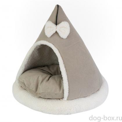 Домик-лежак ТЕНДА конусный с бантиком 46*46*47см (вельвет, мех, поролон, синтепух) бежевый-0