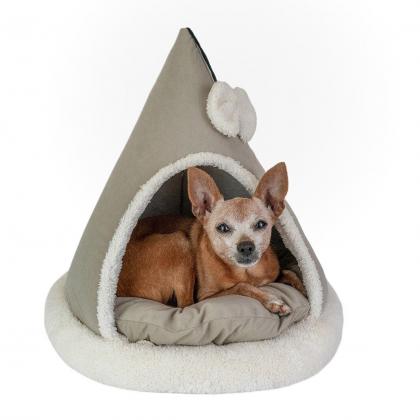 Домик-лежак ТЕНДА конусный с бантиком 46*46*47см (вельвет, мех, поролон, синтепух) бежевый-2