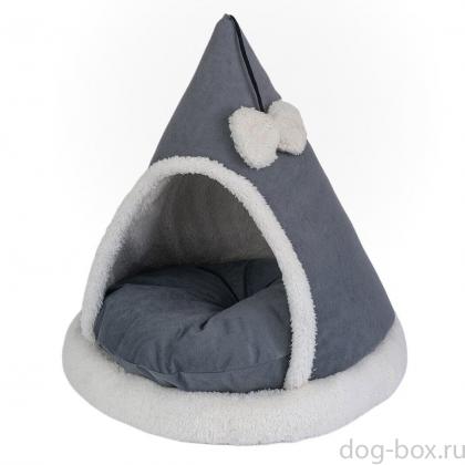 Домик-лежак ТЕНДА конусный с бантиком 46*46*47см (вельвет, мех, поролон, синтепух) серый-0