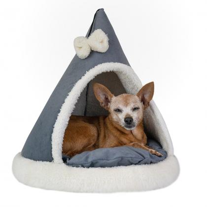 Домик-лежак ТЕНДА конусный с бантиком 46*46*47см (вельвет, мех, поролон, синтепух) серый-1