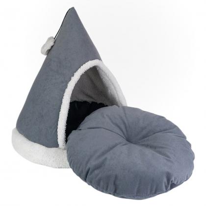 Домик-лежак ТЕНДА конусный с бантиком 46*46*47см (вельвет, мех, поролон, синтепух) серый-2