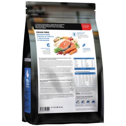 Беззерновой корм Для щенков и собак всех возрастов с лососем, треской, фруктами и овощами, GRAIN FREE Salmon&CodFish, 0.4кг-1