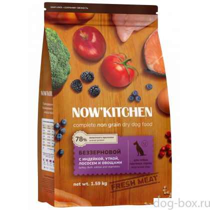 Беззерновой корм для взрослых собак крупных пород со свежей индейкой,уткой,лососем,Fresh Grain-free Turkey,Duck&Salmon,Large Adult, 1.59кг-0