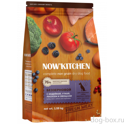 Беззерновой корм для собак крупных пород старше 7 лет со свежей индейкой,уткой,лососем,Fresh Grain-free Turkey,Duck&Salmon,Senior, 1.59кг-0
