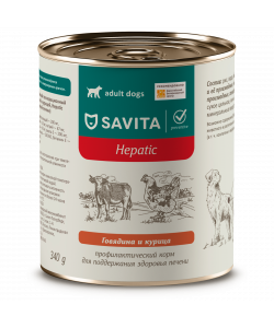 SAVITA prof консервы Hepatic для собак, поддержание здоровья печени с говядиной и курицей. Ветеринарный, диетический, 340г