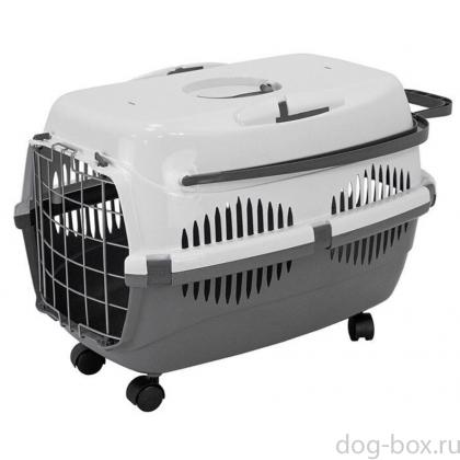 Переноска пластиковая "Спутник-3" с металлической дверью на колёсах, темно-серый/белый, 58*41*39см-0