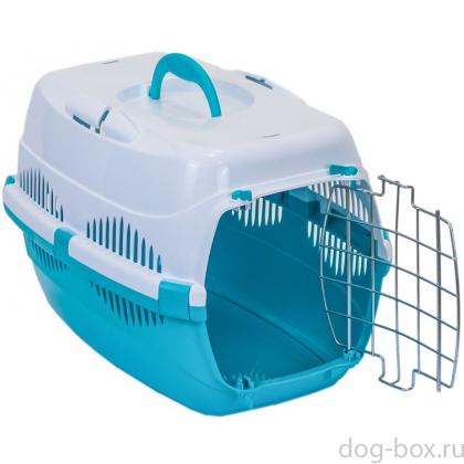 Переноска пластиковая СПУТНИК-1 с металлической дверцей 43*29*27,5см, бирюзовый низ/белый верх-0