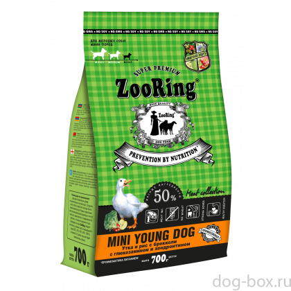 Корм сухой для молодых собак мелких пород Mini Young Dog Утка и рис с брокколи с глюкозамином и хондроитином, 0,7кг-0