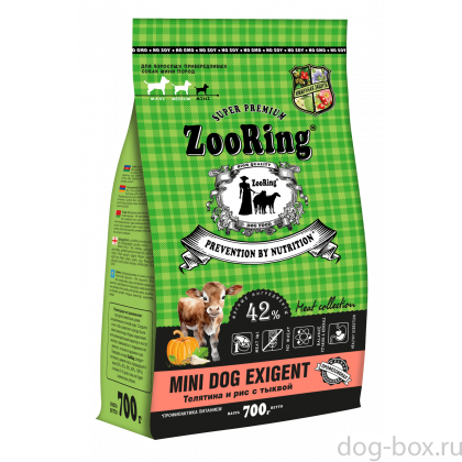 Корм сухой для взрослых привередливых собак мелких пород Mini Dog Exigent Телятина и рис с тыквой, 0,7кг Корм сухой для взрослых привередливых собак мелких пород Mini Dog Exigent Телятина и рис с тыквой, 0,7кг-0