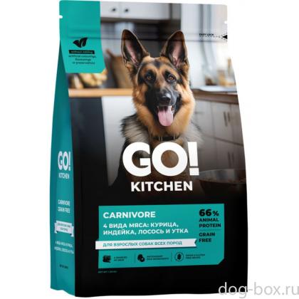 GO! KITCHEN Полнорационный беззерновой сухой корм для взрослых собак всех пород с курицей. индейкой, лососем и уткой, 1.59кг-0