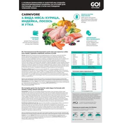 GO! KITCHEN Полнорационный беззерновой сухой корм для взрослых собак всех пород с курицей. индейкой, лососем и уткой, 1.59кг-1
