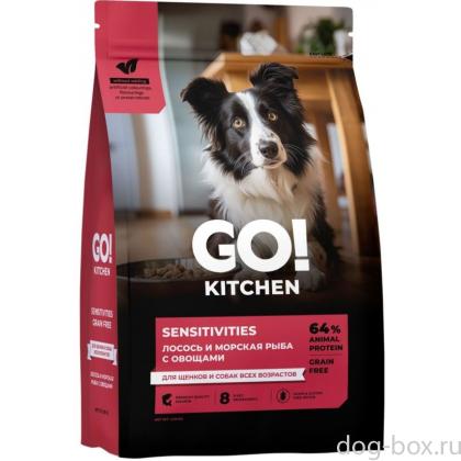 GO! KITCHEN  Полнорационный беззерновой сухой корм для щенков и собак всех возрастов с лососем и морской рыбой для чувствительного пищеварения, 1.59кг-0