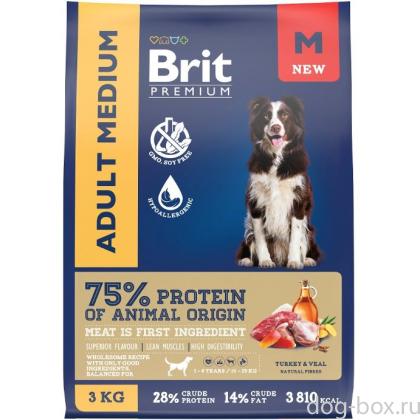 Сухой корм премиум класса с индейкой и телятиной для взрослых собак средних пород 10–25кг, 3кг-0
