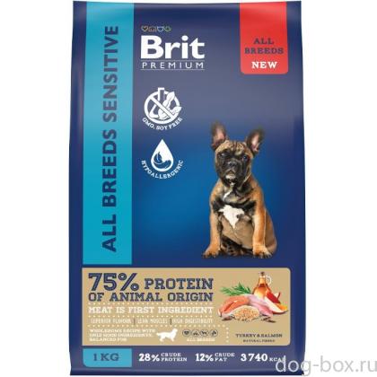 Сухой корм премиум класса с лососем и индейкой для взрослых собак всех пород с чувствительным пищеварением, 1кг-0