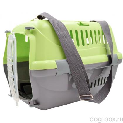 Переноска для животных "Турне" с прозрачной пластиковой дверцей (коврик+ремень), 48*32*32см, зеленая-0