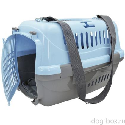 Переноска для животных "Турне" с пластиковой дверцей (коврик+ремень), 48*32*32см, голубая-0