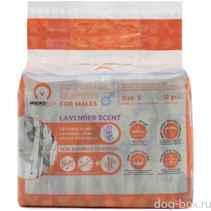 Одноразовые подгузники для кобелей, рисунок со щенками, индикатор влажности, аромат лаванды, размер S (4-8кг), 12 шт.-0