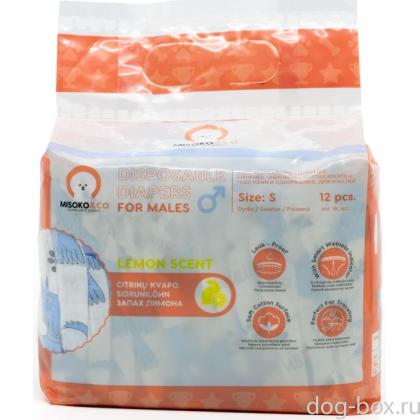 Одноразовые подгузники для кобелей, рисунок со щенками, индикатор влажности, лимонный запах, размер S (4-8кг), 12 шт.-0