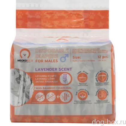 Одноразовые подгузники для кобелей, рисунок со щенками, индикатор влажности, аромат лаванды, размер M (8-16кг), 12 шт.-0