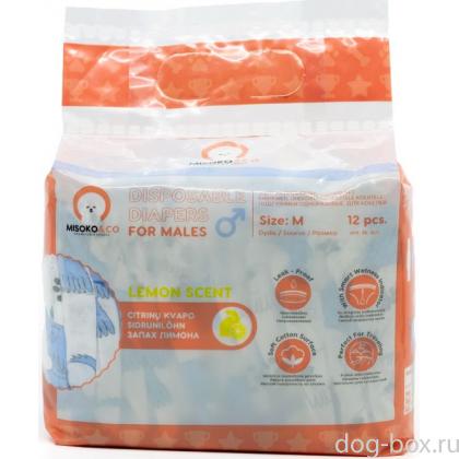 Одноразовые подгузники для кобелей, рисунок со щенками индикатор влажности, запах лимона, размер M (8-16кг), 12 шт.-0