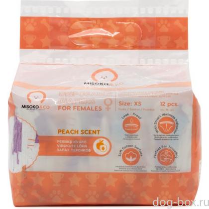 Одноразовые подгузники для собак женского пола, рисунок со щенками и косточками, индикатор влажности, аромат персика, размер XS (2-4кг), 12 шт.-0