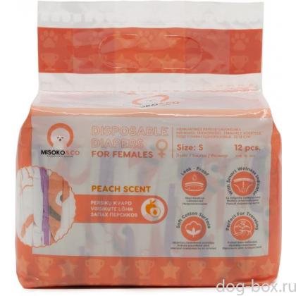 Одноразовые подгузники для собак женского пола,рисунок со щенками и косточками, индикатор влажности, аромат персика, размер S (4-8кг), 12 шт.-0