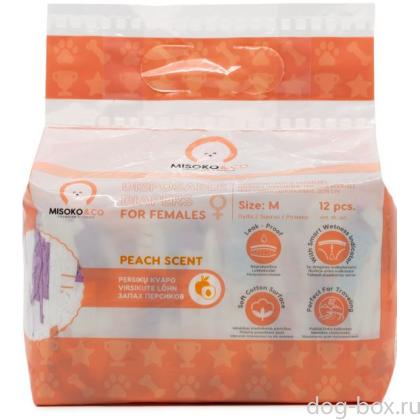 Одноразовые подгузники для собак женского пола, рисунок со щенками и косточками, индикатор влажности, аромат персика, размер M (8-16кг), 12 шт.-0