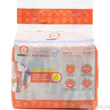 Одноразовые подгузники для кобелей, рисунок  со щенками и косточками, индикатор влажности, лимонный запах, размер S (4-8кг), 12 шт.-0