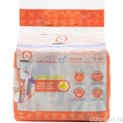 Одноразовые подгузники для кобелей, рисунок  со щенками и косточками, индикатор влажности, лимонный запах, размер M (8-16кг), 12 шт.-0