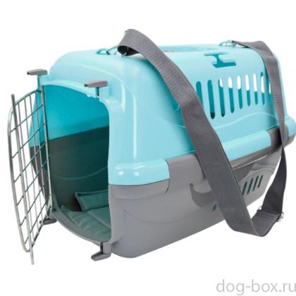 Переноска для животных "Турне" с металлической дверцей (коврик+ремень), 48*32*32см, голубая-0