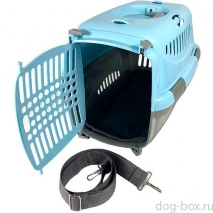 Переноска для животных "Турне" с пластиковой дверцей (коврик+ремень), 42*29*29,5см, голубая-0