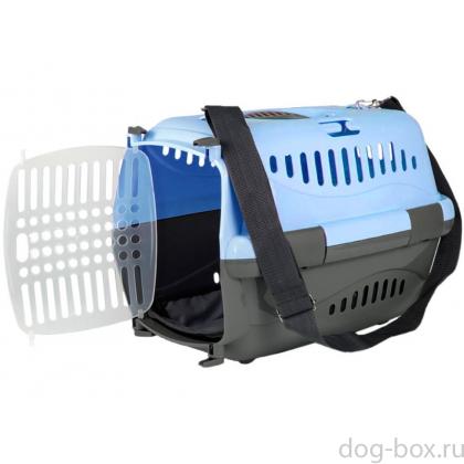 Переноска для животных "Турне" с прозрачной пластиковой дверцей (коврик+ремень), 42*29*29,5см, голубая-0