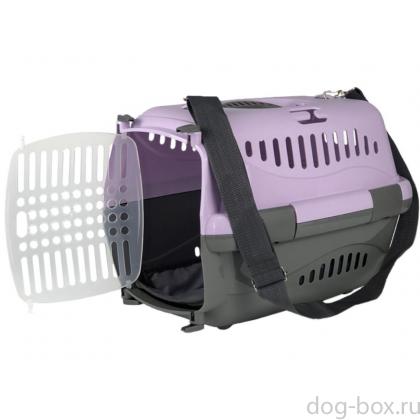 Переноска для животных "Турне" с прозрачной пластиковой дверцей (коврик+ремень), 42*29*29,5см, фиолетовая-0