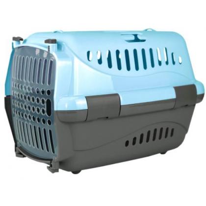 Переноска для животных "Турне" с прозрачной пластиковой дверцей, (коврик+ремень), 54,5*36*34см, голубая-1