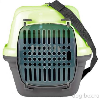 Переноска для животных "Турне" с прозрачной пластиковой дверцей, (коврик+ремень), 54,5*36*34см, зеленая-0