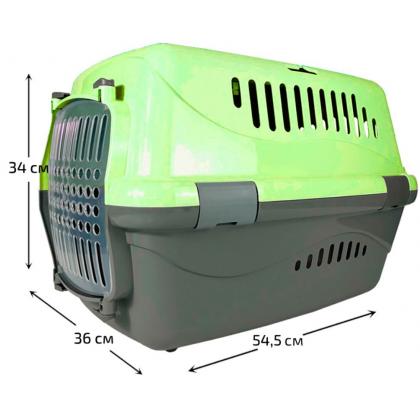 Переноска для животных "Турне" с прозрачной пластиковой дверцей, (коврик+ремень), 54,5*36*34см, зеленая-2