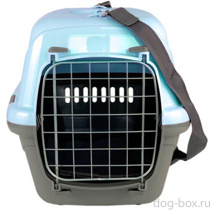 Переноска для животных "Турне" с металлической дверцей, (коврик+ремень), 54,5*36*34см, голубая-0