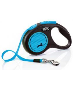 Рулетка-ремень Flexi светоотражающая для собак до 15кг, 5м, синяя (New Neon S Tape 5m blue) 