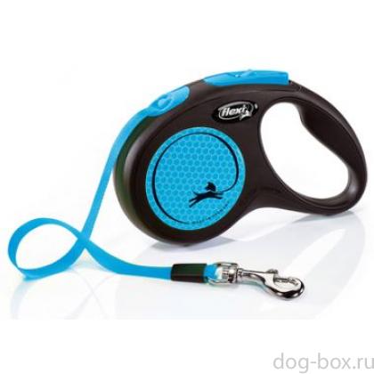 Рулетка-ремень Flexi светоотражающая для собак до 15кг, 5м, синяя (New Neon S Tape 5m blue) -0