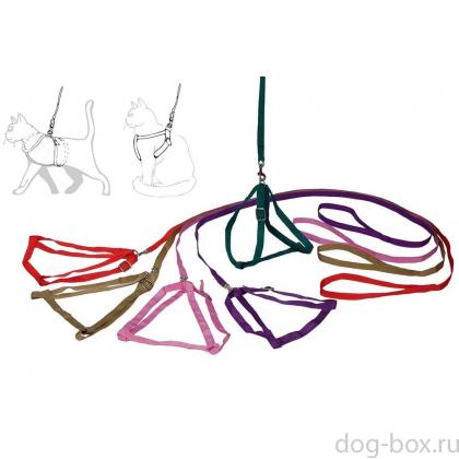 Комплект - шлейка (шея до 25см, грудь до 40см) и поводок 1,2м капроновые, черные-0