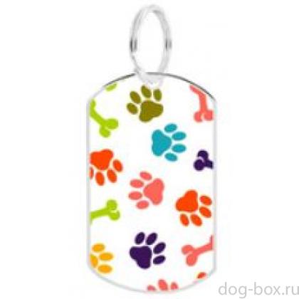 Адресник "Эниф" белый, с рисунком "цветные лапки", жетон, 30*51мм-0