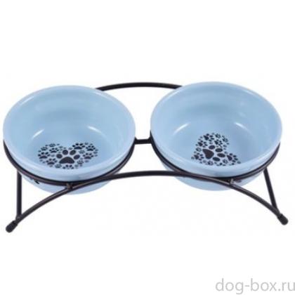 Миски на подставке для собак и кошек двойные, синие 2x290 мл-0