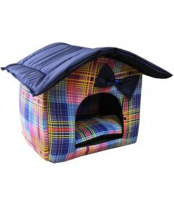 Мягкий домик "Будка" с подушкой и съемной крышей, синий, мелкая клетка, бязь/оксфорд