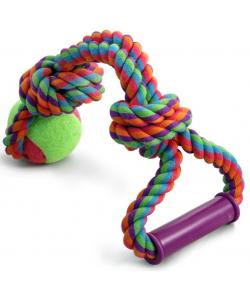 Игрушка для собак. Верёвка цветная с мячом с узлами с резиновой ручкой 46см (0113XJ)