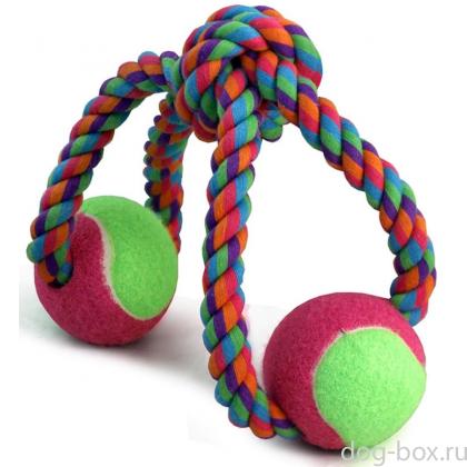 Игрушка для собак. Верёвка-восьмёрка, узел и 2 мяча, 35 см (0111XJ)-0