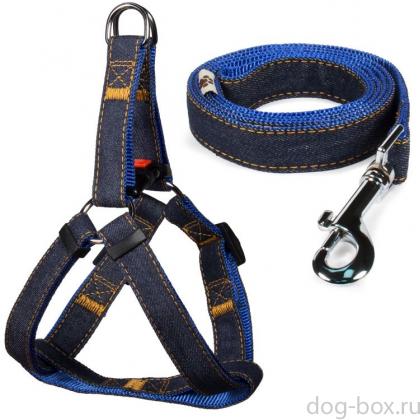 Комплект шлейка 2*45-60см и поводок 2*120см, джинсовый, синий-0